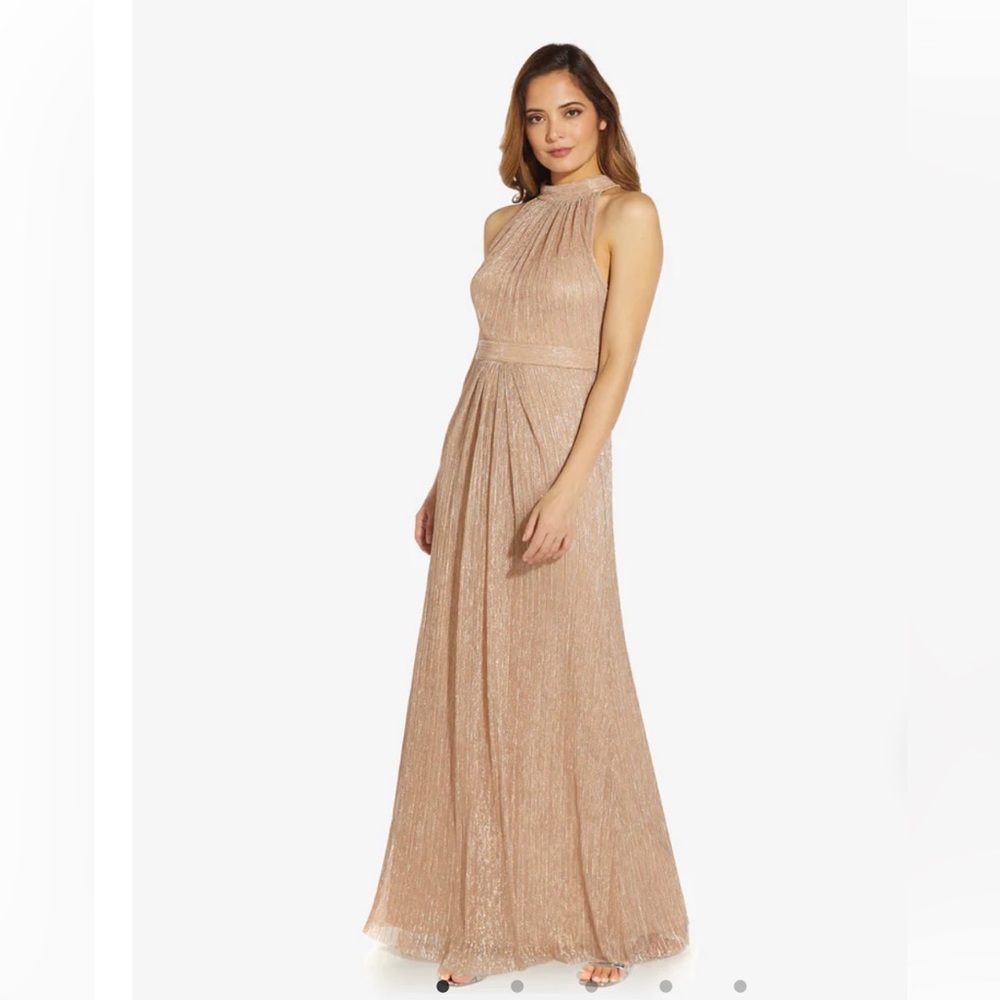 Adrianna Papell metallic knit halter gown size 6